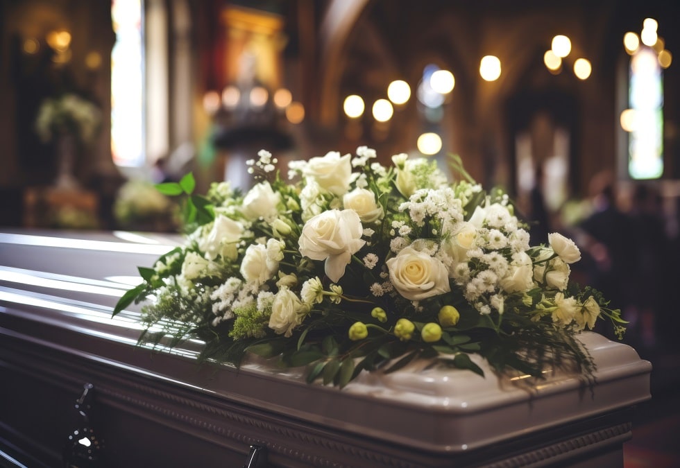 Coffin decorated with white flowers during funeral